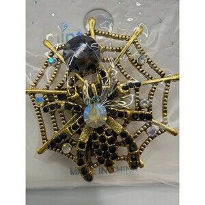 Halloween Spider Web Brooch Black Rhinestone Antiqued Gold Tone